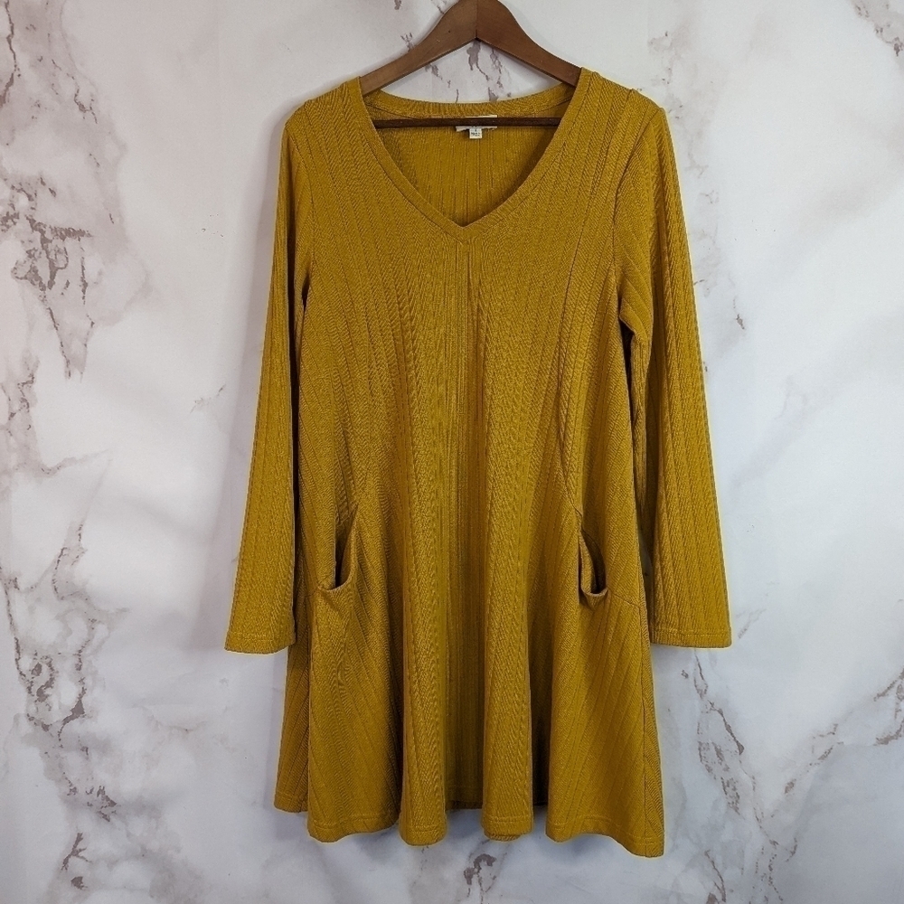Umgee Long Sleeve Dress Rib Size Small Yellow Mustard Boho Tunic Pocket Basic